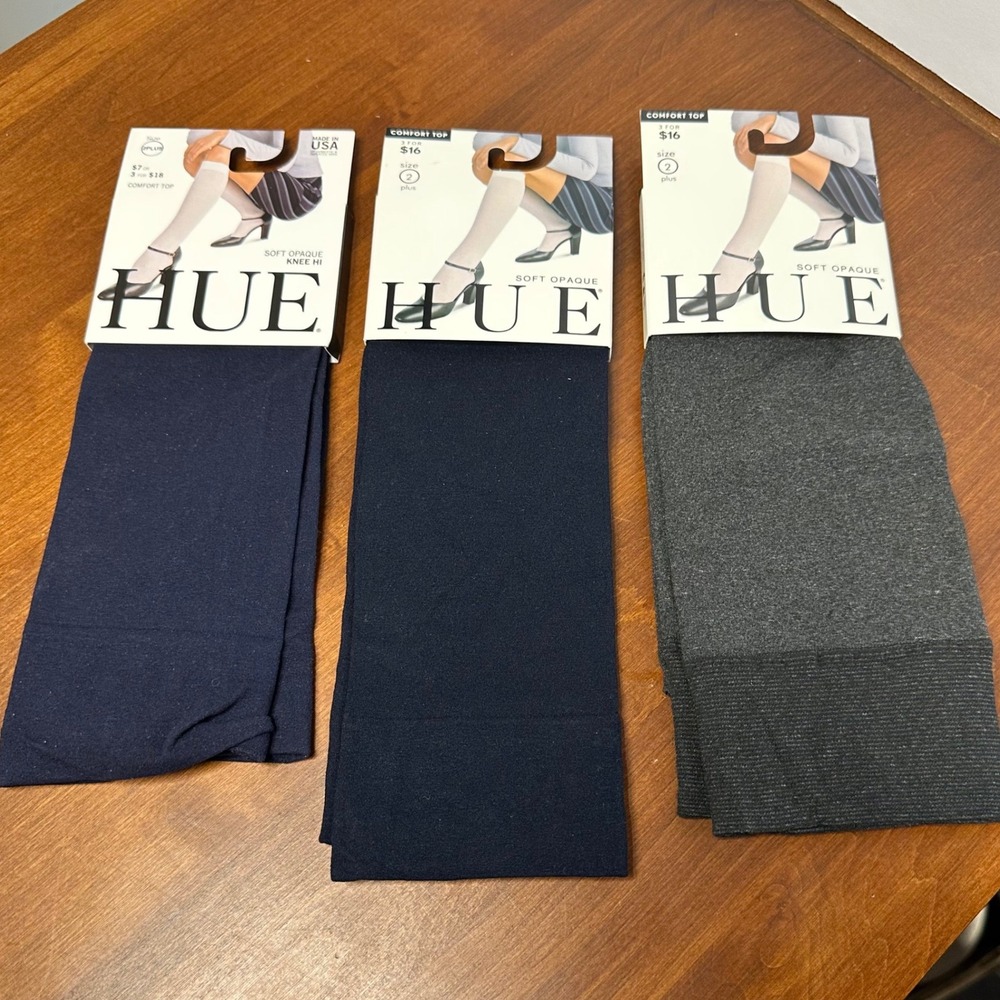 Lot 3 HUE‎ Knee High Socks Womens Navy Gray Opaque Microfiber NWT